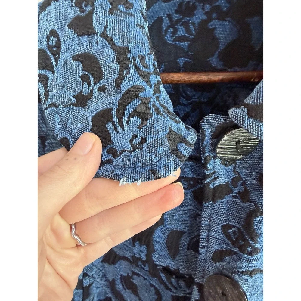 Vintage CMC Blue Floral Tapestry Jacquard Coat M Maximalist Boho Brocade Retro